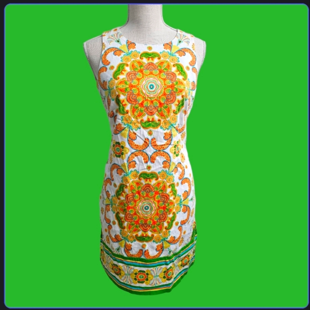 London Times 60's psychedelic geometric paisley green print dress